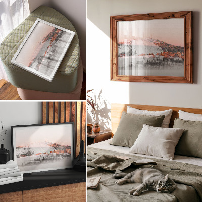 Moderne decoratieve poster Een winterlandschap in tinten roze en wit.