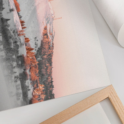 Moderne decoratieve poster Een winterlandschap in tinten roze en wit.