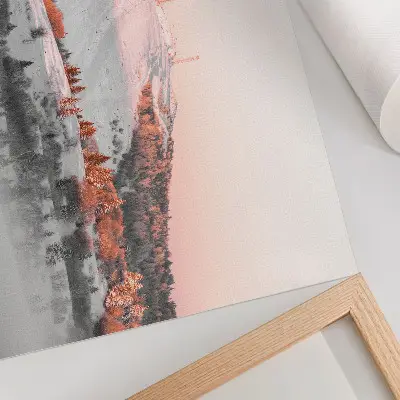 Moderne decoratieve poster winterlandschap in roze en witte tinten