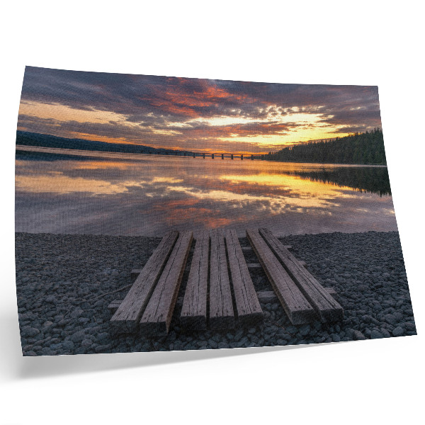 Poster Meer in de zonsondergang, warme kleuren van hout