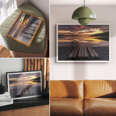 Poster Meer in de zonsondergang, warme kleuren van hout