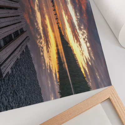 Poster Meer in de zonsondergang, warme kleuren van hout