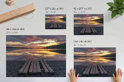 Poster Meer in de zonsondergang, warme kleuren van hout