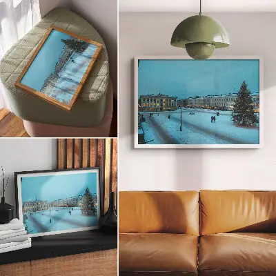 Stijlvolle wandposter winterlandschap met klassieke architectuur in kerstsfeer