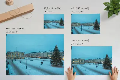 Stijlvolle wandposter winterlandschap met klassieke architectuur in kerstsfeer
