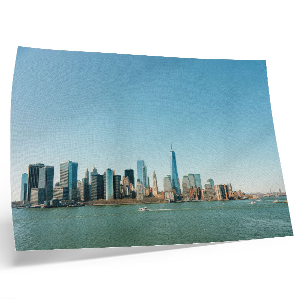 Moderne decoratieve poster Moderne wolkenkrabbers, blauwe lucht, groot water