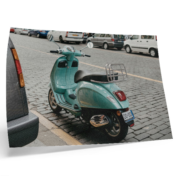 Moderne decoratieve poster Vintage scooter, straat met kinderkopjes, stedelijke achtergrond
