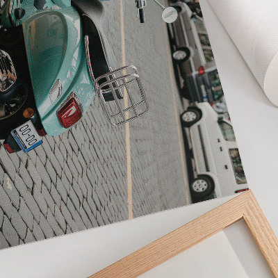 Moderne decoratieve poster Vintage scooter, straat met kinderkopjes, stedelijke achtergrond