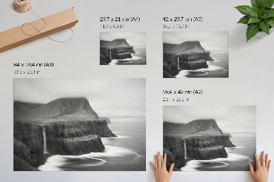 Stijlvolle wandposter Een vredig landschap met een waterval en bergen.