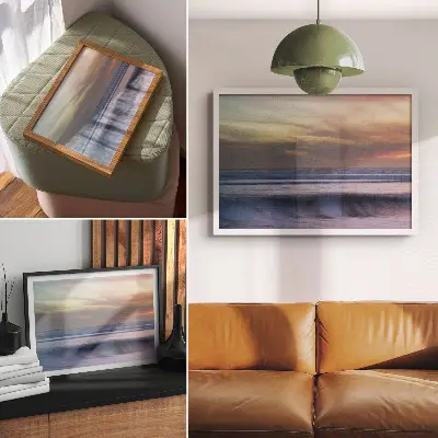 Moderne decoratieve poster met pastelkleurige oceaangolven en de ondergaande zon