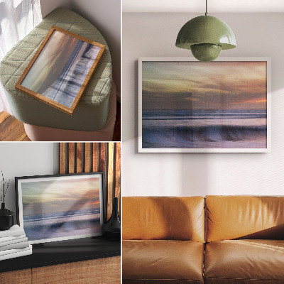 Moderne decoratieve poster Pastelkleurige oceaangolven en de ondergaande zon