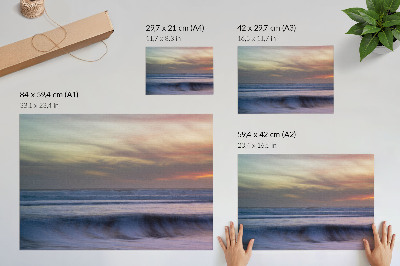 Moderne decoratieve poster Pastelkleurige oceaangolven en de ondergaande zon