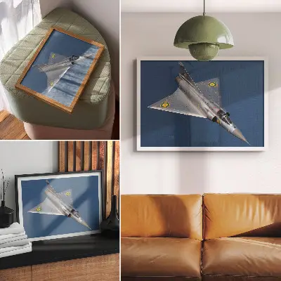 Moderne decoratieve poster met een dynamische militaire straaljager in de lucht