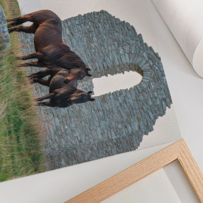 Poster Het contrast tussen ruïnes en paarden in het groen.