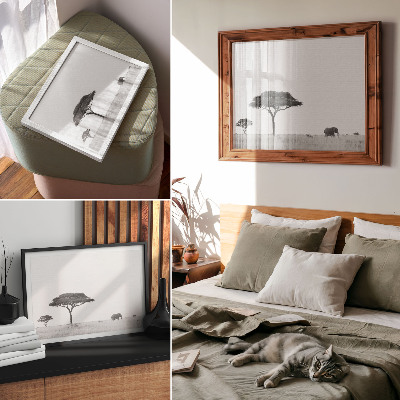 Moderne decoratieve poster Olifanten en acacia's op de savanne in een subtiel kleurbereik