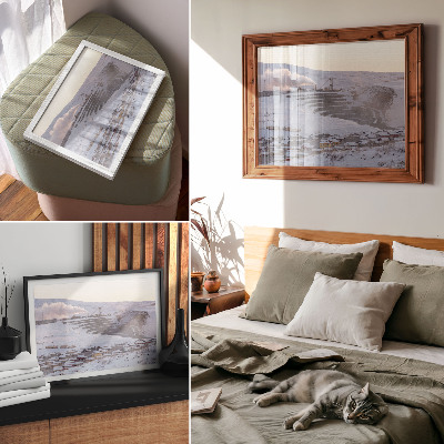 Poster Winterlandschap met heuvels en een schoorsteen.