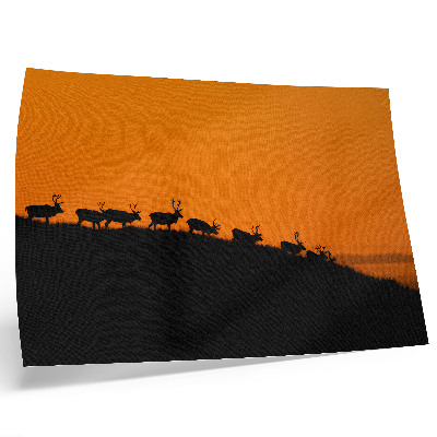 Moderne decoratieve poster Silhouetten van herten op een heuvel met een oranje achtergrond.