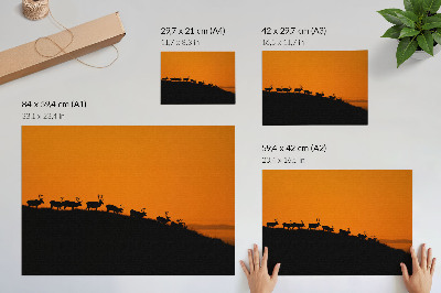 Moderne decoratieve poster Silhouetten van herten op een heuvel met een oranje achtergrond.