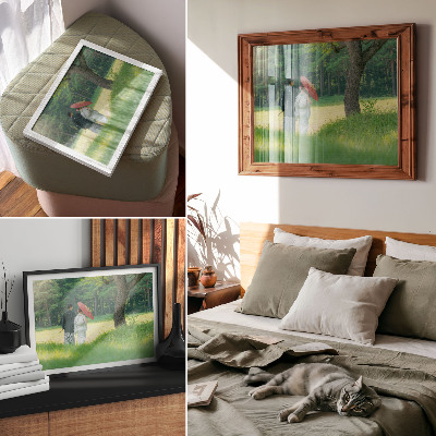 Stijlvolle wandposter Traditionele kleding, paraplu, groene weide, bomen