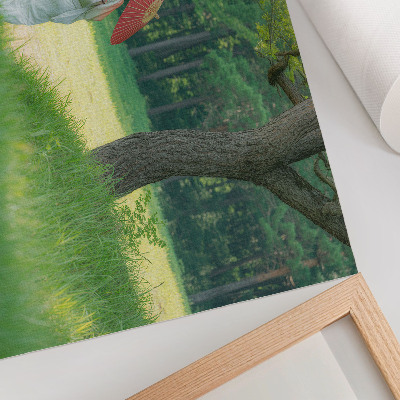 Stijlvolle wandposter Traditionele kleding, paraplu, groene weide, bomen