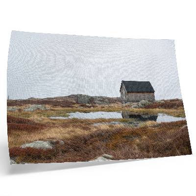 Moderne decoratieve poster Houten huisje, heide, rustig water
