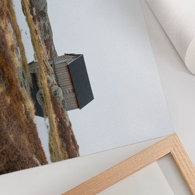Moderne decoratieve poster Houten huisje, heide, rustig water