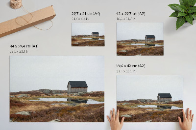 Moderne decoratieve poster Houten huisje, heide, rustig water