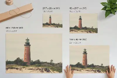 Stijlvolle wandposter vuurtoren en zandbomen in harmonie met de natuur