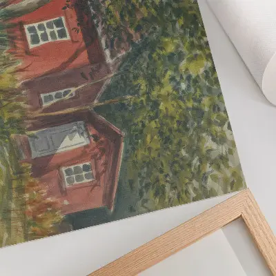 Stijlvolle wandposter met een idyllisch houten huis tussen weelderig groene bomen