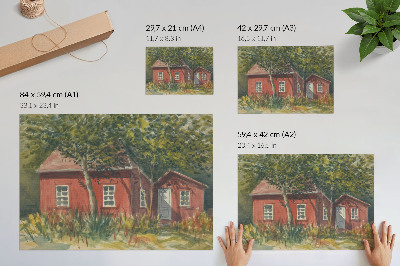 Stijlvolle wandposter Houten huis, bomen, weelderig groen, idyllisch