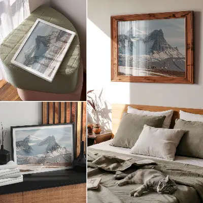 Moderne decoratieve poster met schilderachtige bergen, rendieren en een rustig winterlandschap