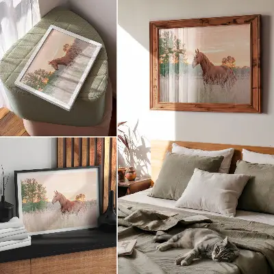 Stijlvolle wandposter paard in de wei in de ochtend met rustgevende pastelkleuren