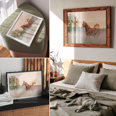 Stijlvolle wandposter Paard in de wei in de ochtend, pastelkleuren, ontspanning