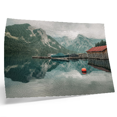 Moderne decoratieve poster Weerspiegeling van het bergmeer, rust, houten boten
