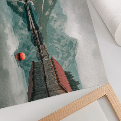 Moderne decoratieve poster Weerspiegeling van het bergmeer, rust, houten boten