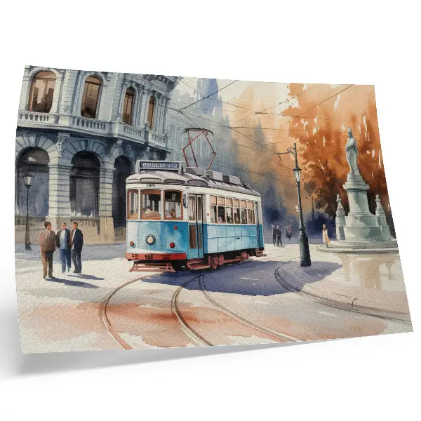 Poster vintage stadstram in aquarel