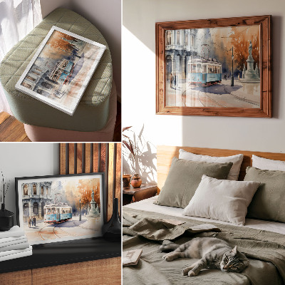 Poster Vintage stadstram, aquarel elegantie