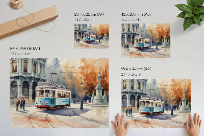 Poster Vintage stadstram, aquarel elegantie