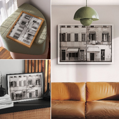 Moderne decoratieve poster De gevel van het huurhuis, het contrast tussen zwart en wit, minimalisme.