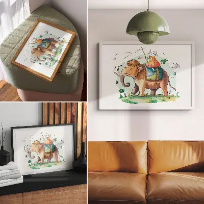 Poster kat op een mammoet met fantasie en natuurmagie