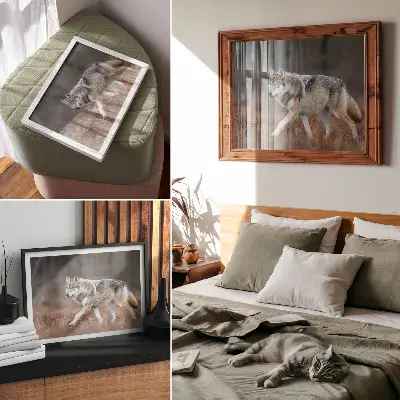 Poster wolf in beweging in een wild natuurlandschap