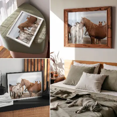 Wandposter paarden in het landschap stijlvolle weergave van de natuurlijke schoonheid van paarden in de wei