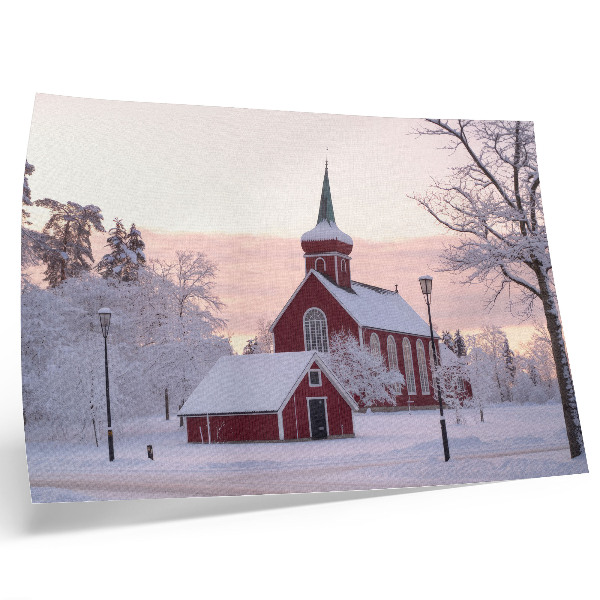 Moderne decoratieve poster Rode Kapel Winter Besneeuwde Bomen Pastelkleurige Hemel