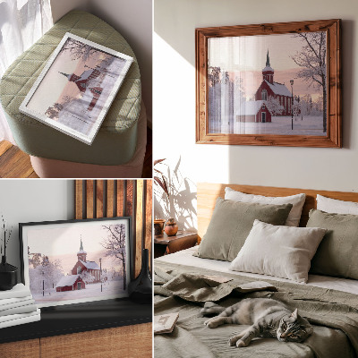 Moderne decoratieve poster Rode Kapel Winter Besneeuwde Bomen Pastelkleurige Hemel