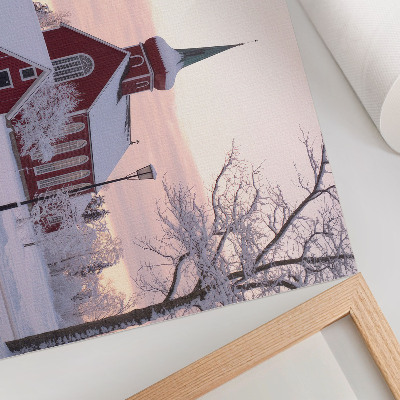Moderne decoratieve poster Rode Kapel Winter Besneeuwde Bomen Pastelkleurige Hemel