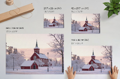 Moderne decoratieve poster Rode Kapel Winter Besneeuwde Bomen Pastelkleurige Hemel