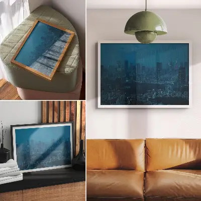 Poster moderne wolkenkrabbers in Metropolis bij nacht