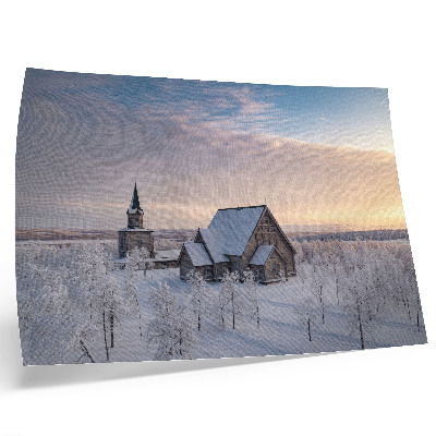 Stijlvolle wandposter Een vredig winterlandschap met een houten kerk.