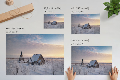 Stijlvolle wandposter Een vredig winterlandschap met een houten kerk.