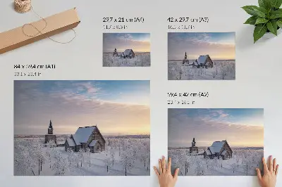 Wandposter vredig winterlandschap met een houten kerk